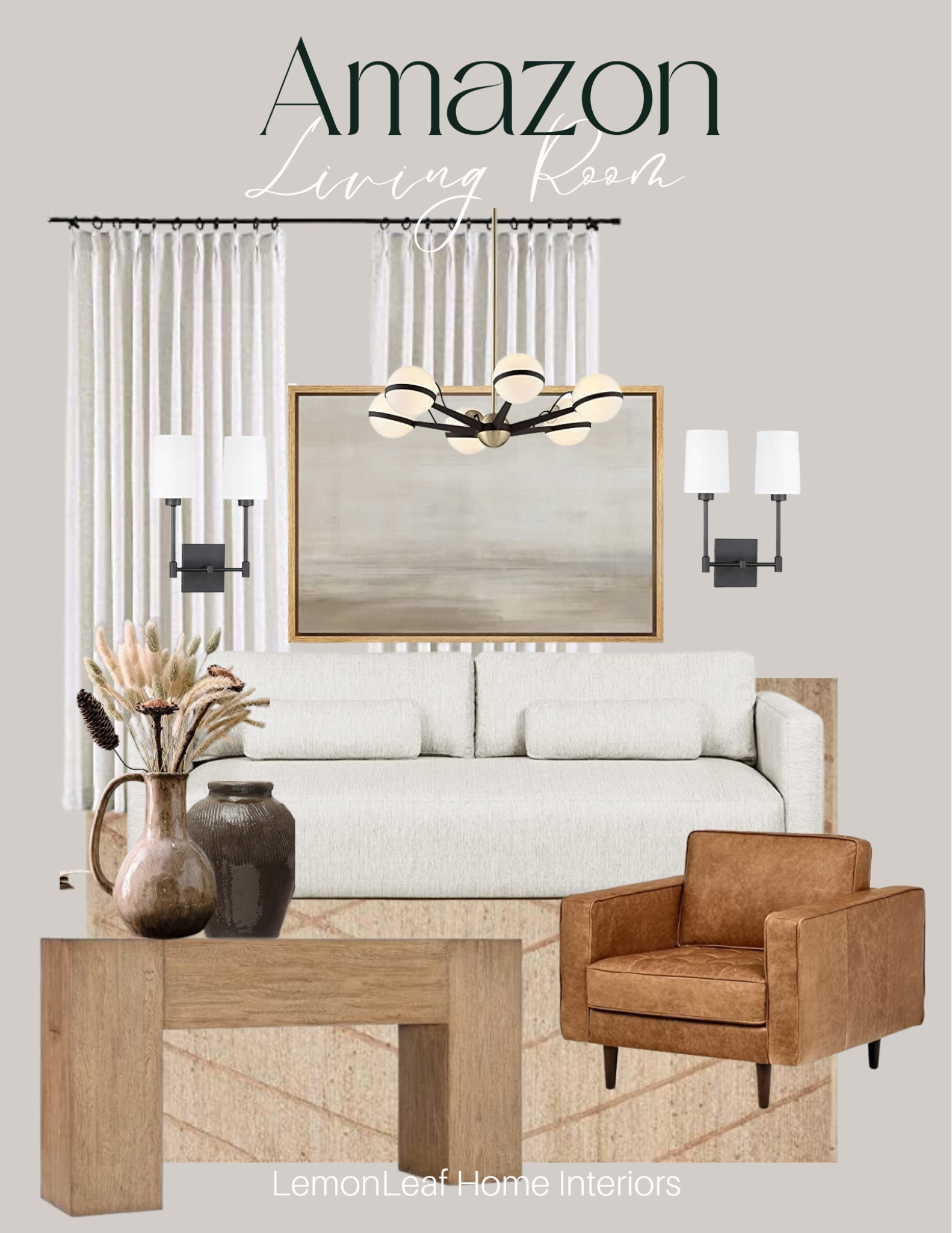 Living room inspiration from Amazon home. 
Modern home decor, transitional home, found it on Amazon, Amazon finds, Amazon furniture, affordable furniture, home finds, console table, leather chair, white sofa, curtain panels, area rugs, lighting, Amazon lighting 


#LTKFind #LTKhome #LTKstyletip