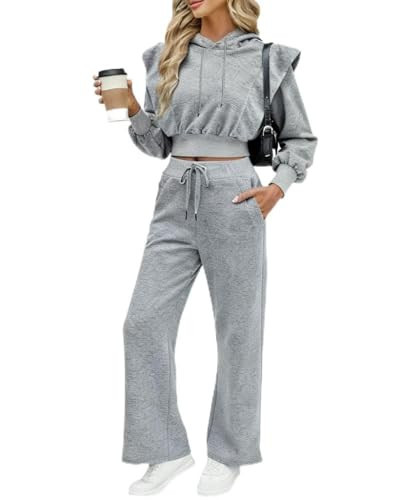 CHICME Womens 2 Piece Outfits Cropped Long Sleeve Hoodie and Wide Leg Sweatpants Set Fall Fashion Sweatsuit Tracksuit-ga-M | Amazon (US)