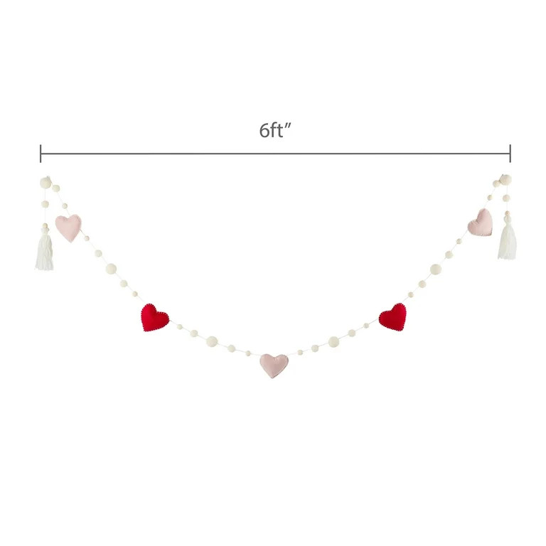 Felt Hearts and Wood Bead Garland, Red, White, and Pink, 6', Valentine's Day by My Texas House | Walmart (US)