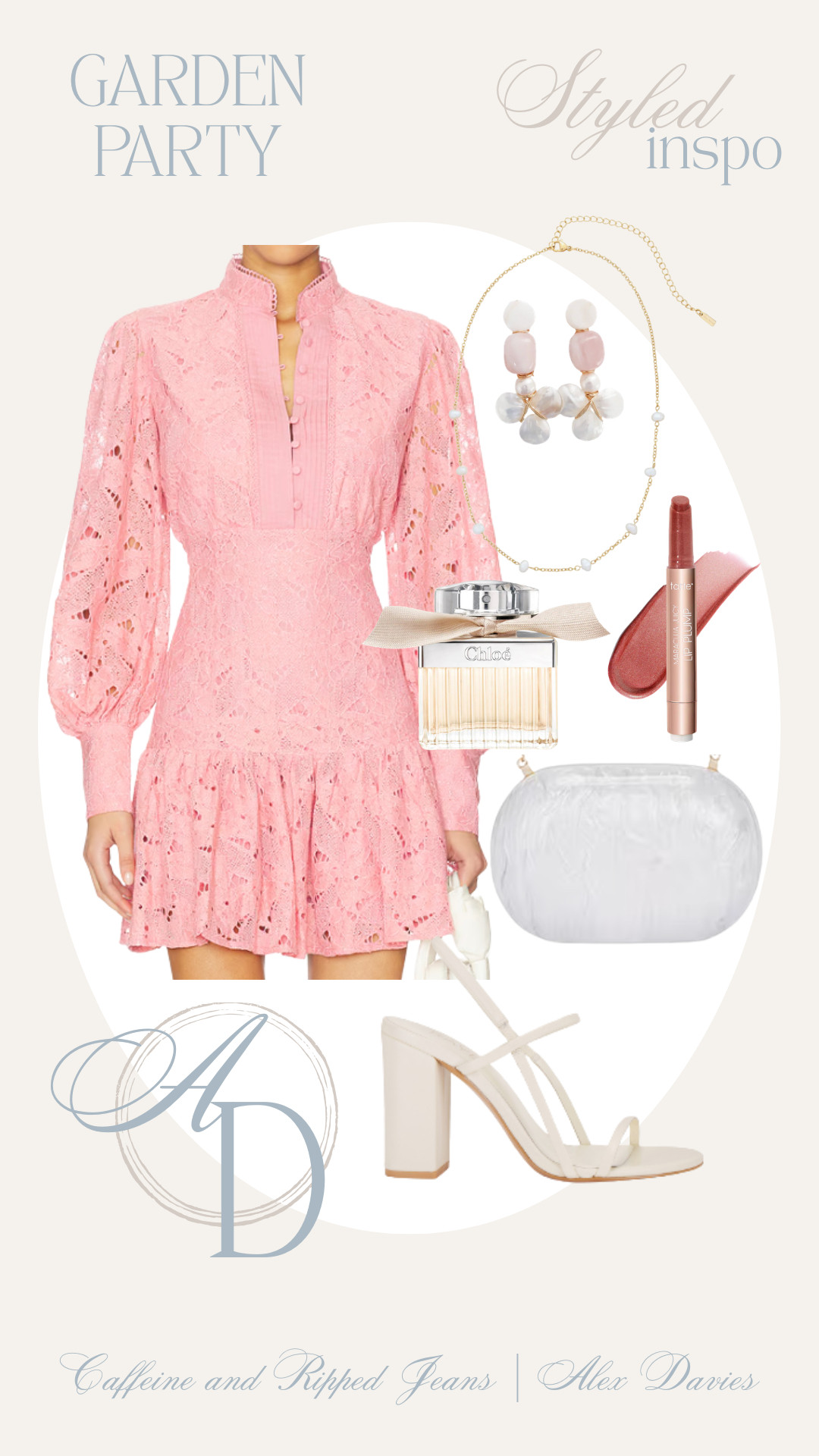 // garden party spring wedding guest dress attire // garden party attire // garden party dress // chloe perfume // pearl clutch // white sandal heels //  

 #LTKgrwm #LTKootd #LTKWedding