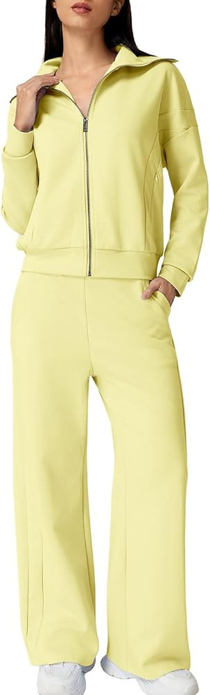 QINSEN Women's Cotton 2 Piece Outfits Lapel Long Sleeve Zip Up Sweatshirt Wide Leg Pants Matching... | Amazon (US)
