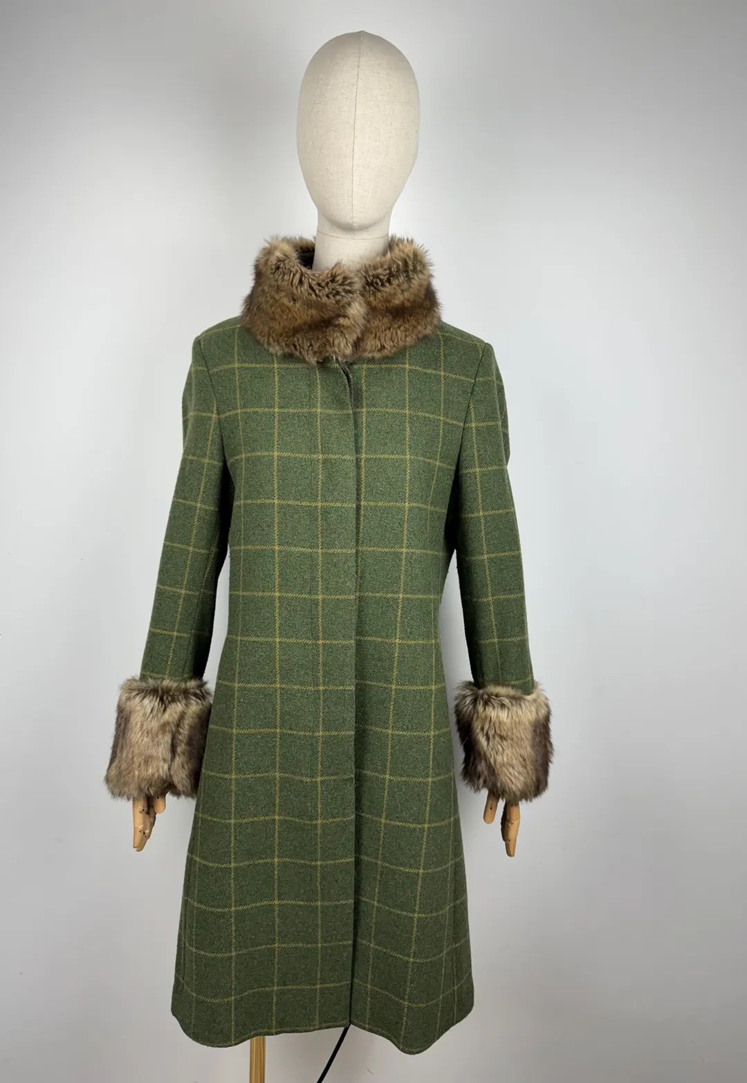 Women’s Vintage Ferraud Wool Coat with Fur Faux Green Check Elegant Winter Style size 14 | Etsy (US)