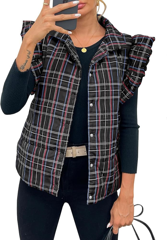 Tankaneo Womens Plaid Puffer Vests Ruffle Sleeveless Lightweight Quilted Vest Fall Winter Padded ... | Amazon (US)