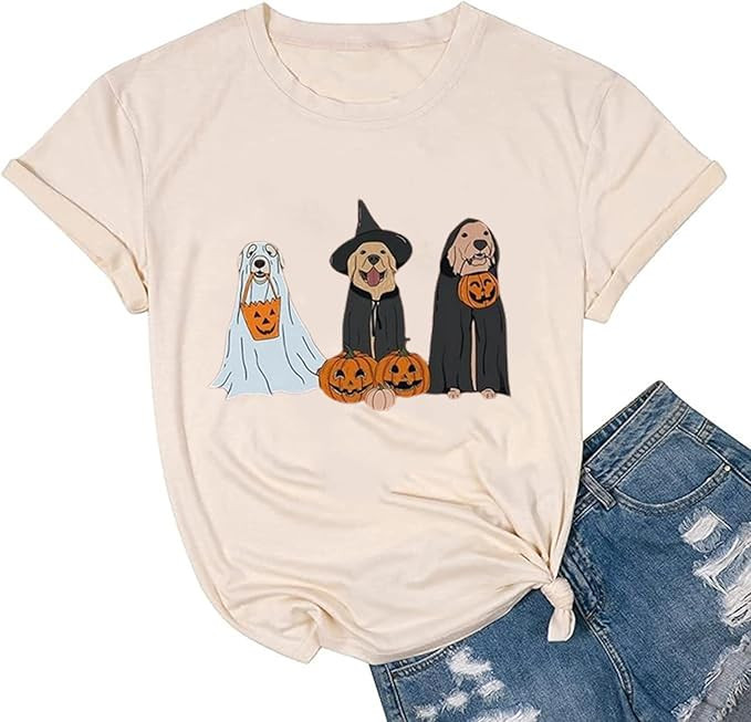Halloween Ghost Dogs Tshirt Gift Women Dog Lover Halloween Shirt Cute Pumpkin Face Graphic Tee Sh... | Amazon (US)