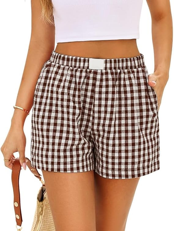 Marvmys Womens Boxer Shorts Cotton Plaid Gingham Shorts Summer Elastic Waist Pajama Bottoms with ... | Amazon (US)