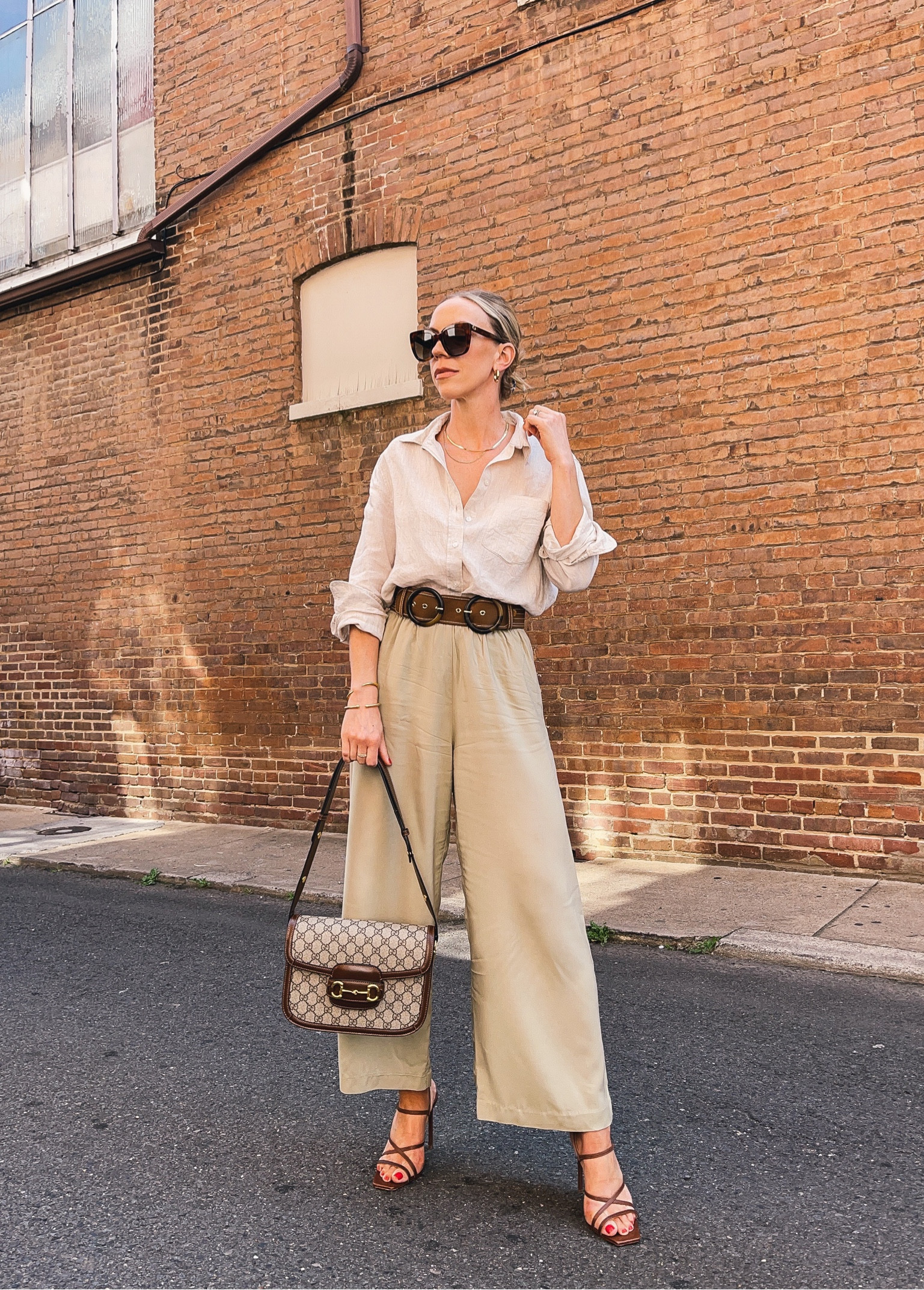 Business casual summer outfit, summer date night, linen shirt, culottes, cropped pants, Gucci horsebit bag 

#LTKunder50 #LTKstyletip #LTKSeasonal