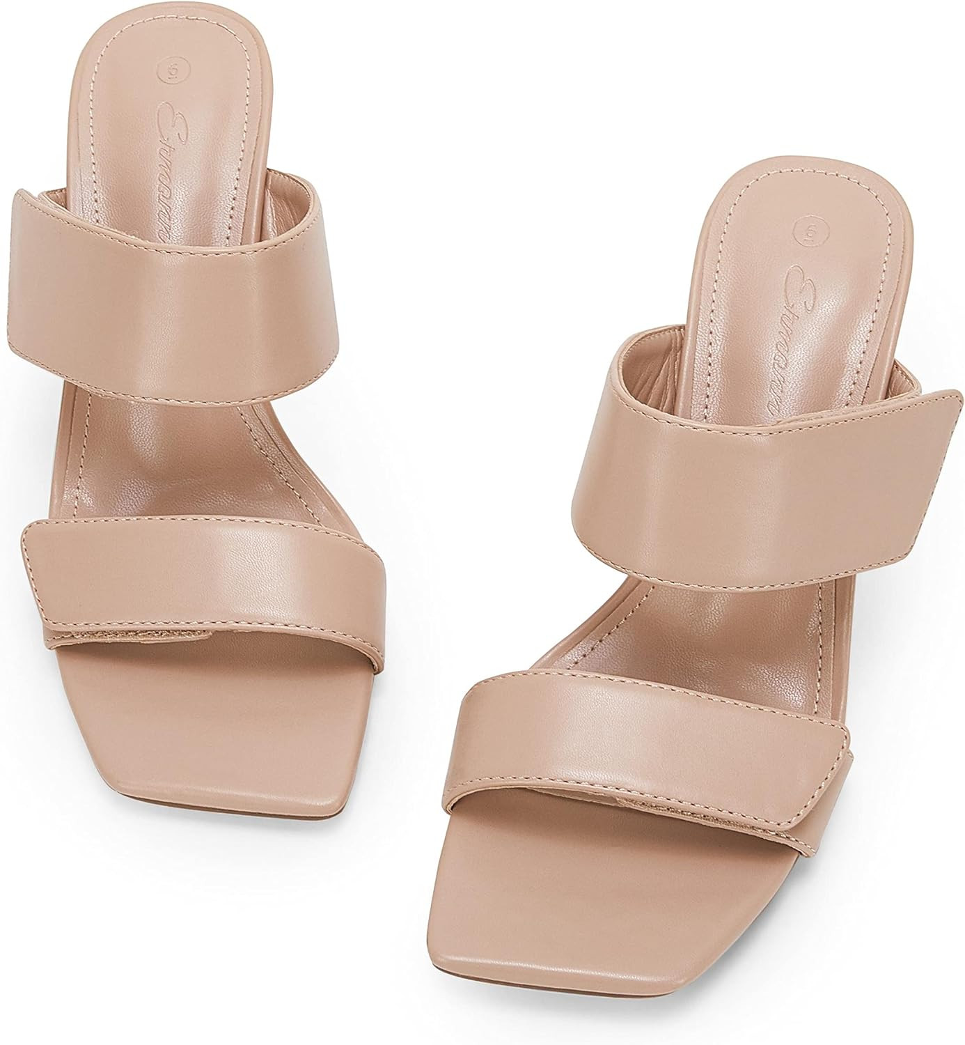 Amazon.com | Ermonn Womens Two Strap Heeled Sandals Velcro Slip On Square Open Toe Stiletto Faux Lea | Amazon (US)