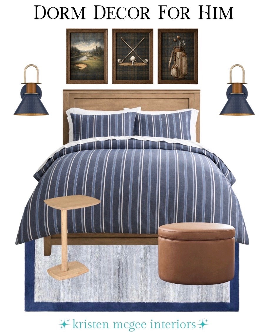 The ultimate dorm room set up for him! 🙌🏻 Classic blue tones, warm wood accents, and timeless decor that feels elevated without trying too hard! ✨ #LTKhome #LTKdiml