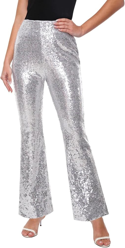 Women’s Sequin Pants Glitter Bell Bottoms Casual High Waist Wide Leg Flare Trousers Party Disco... | Amazon (US)
