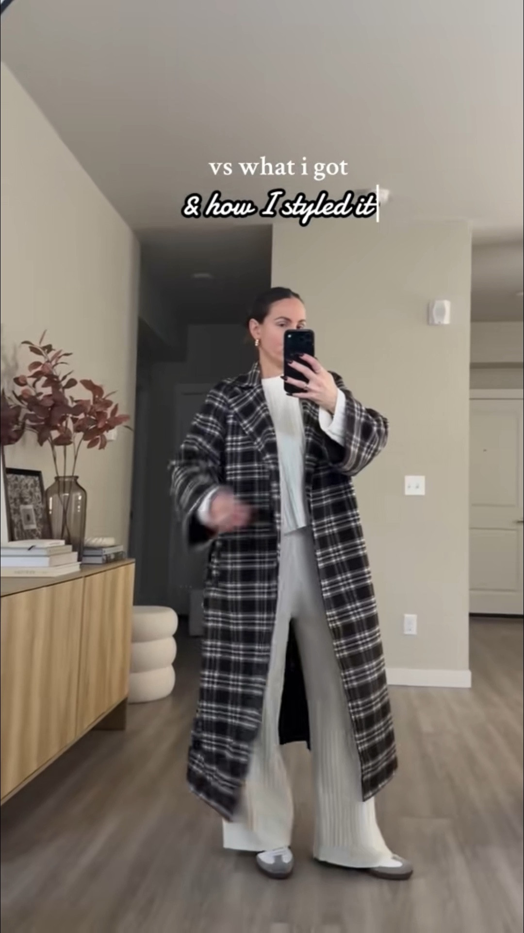 the viral amazon cable knit loungewear set and oversized plaid coat.  i'm 5'7 wearing Small  suede tote bag in coffee color 