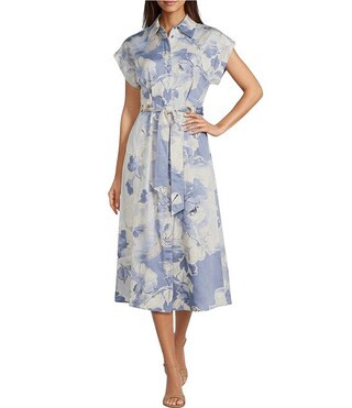 Floral Print Cotton Sateen Short Sleeve Midi Belted Shirt Dress | Dillard's