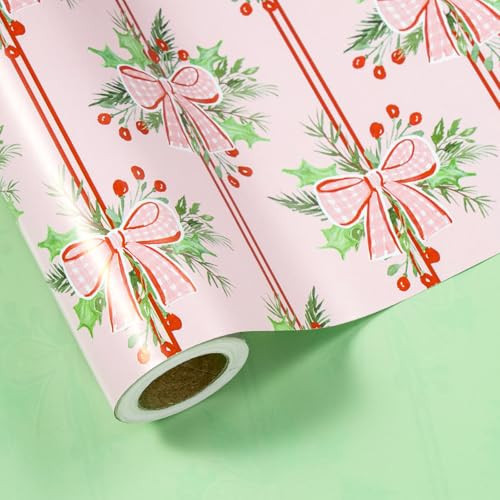 LeZakaa Christmas Wrapping Paper Roll, Pink Red Bow Berry Green Solid Color Design Holiday Gift Wrap for Kids Girls Women, Watercolor Style for Christmas Party Present, Mini Roll 17" x 16.4 ft | Amazon (US)