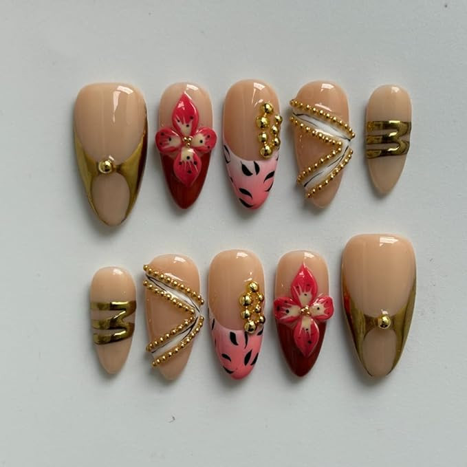Press On Nails - Luxury Medium Length Almond 3D False Nails Women Reusable ABS Material Finger Pr... | Amazon (US)