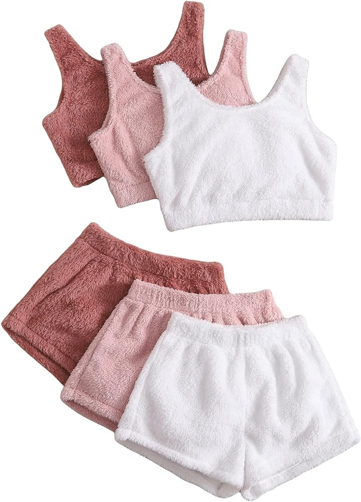SheIn Women's 6 Pieces Fluffy Pajamas Set Crop Tank Top with Shorts Loungewear Sleepwear | Amazon (US)