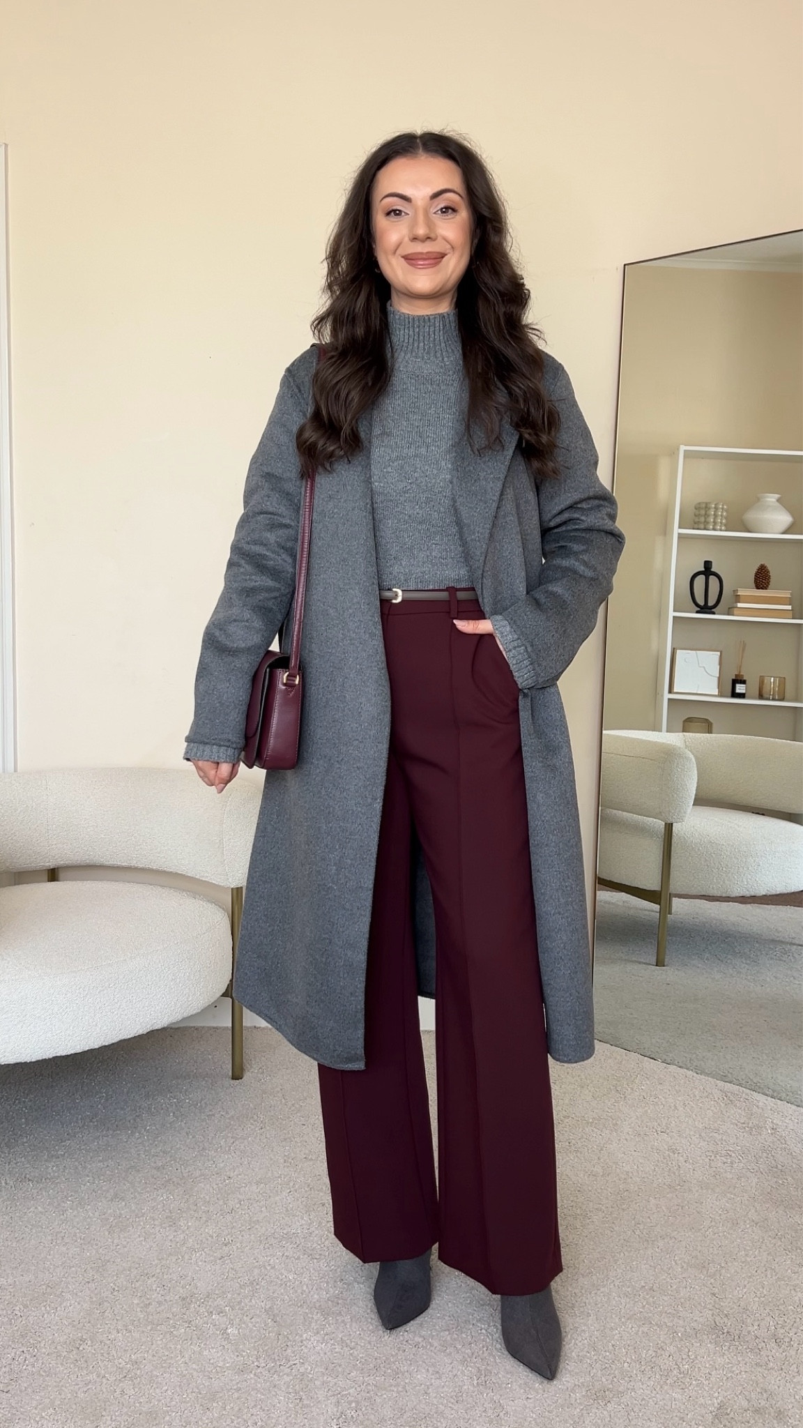 Smart casual winter outfit styling burgundy trousers. Jumper is from Albaray, wearing size S. Coat is Uniqlo, wearing size S. Trousers are H&M, wearing size UK10. Boots are old from Stradivarius. Bag is John Lewis.

#LTKstyletip #LTKmodest #LTKwinter