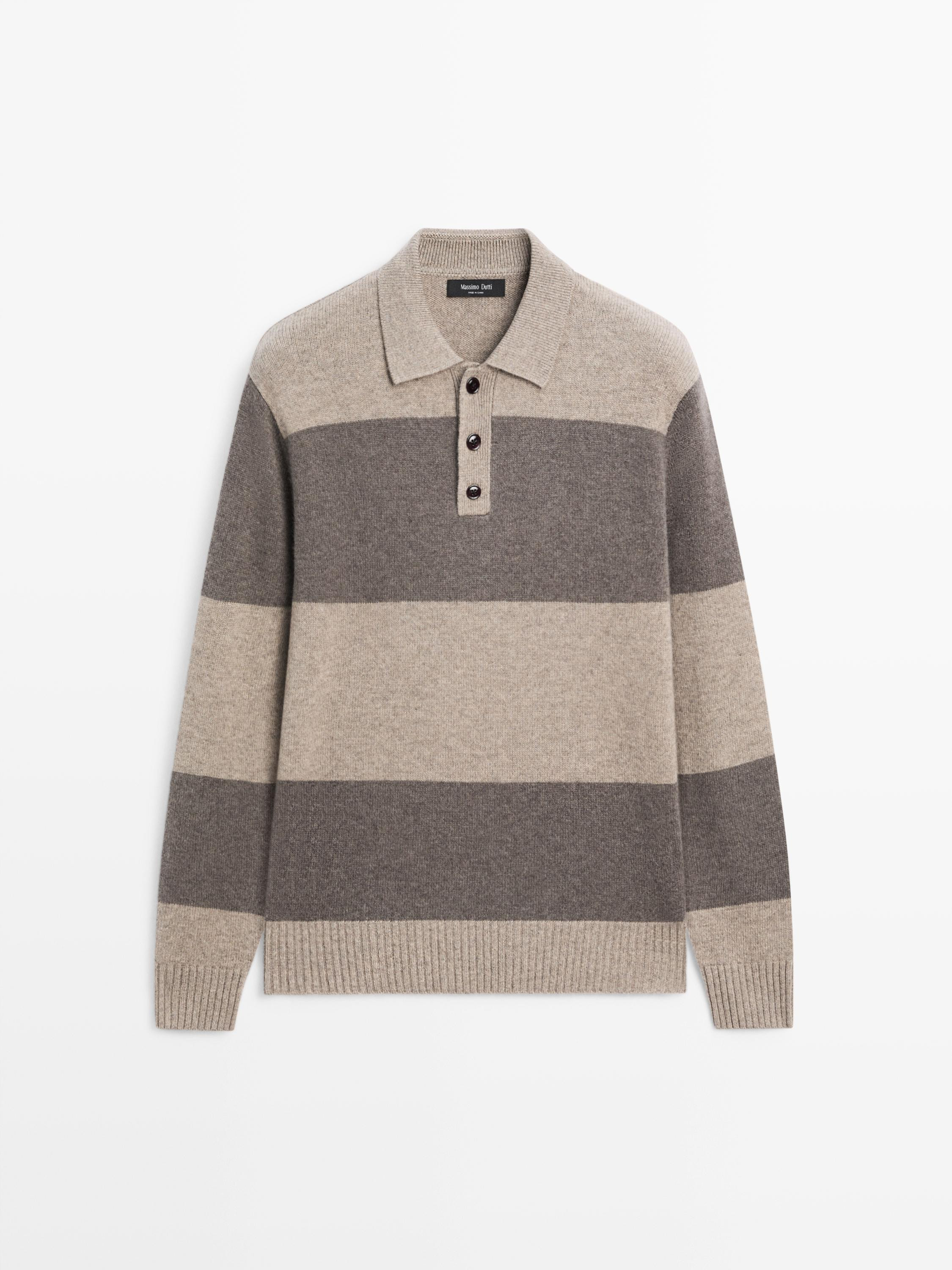 Striped wool blend knit polo sweater | Massimo Dutti UK