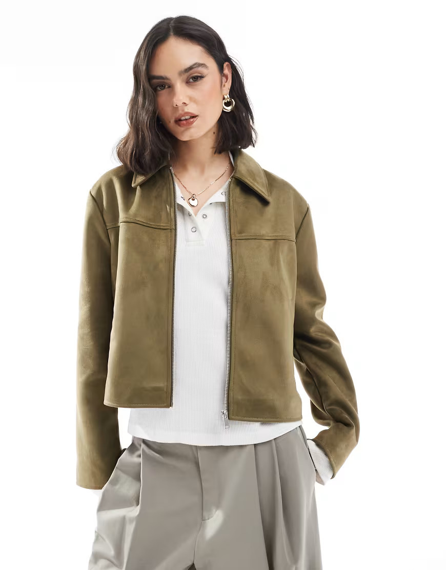 ASOS DESIGN faux suede top collar jacket in olive-Green | ASOS (Global)