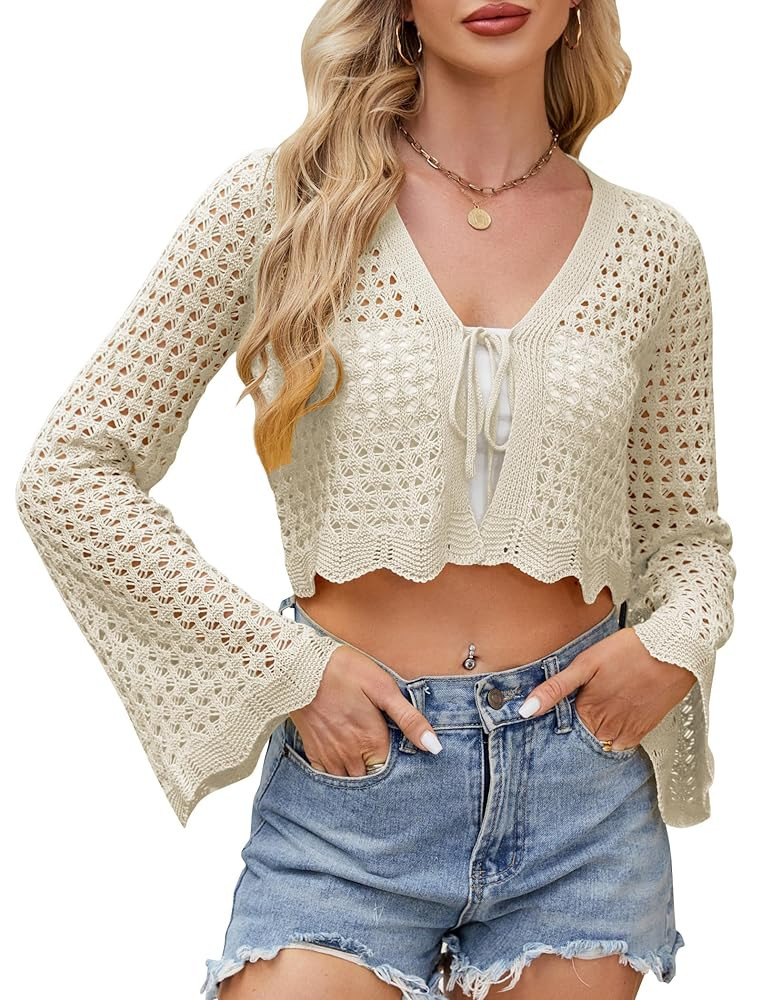 Women Tie Front Cropped Cardigan Crochet Bolero Shrug Sweater Bell Sleeve Knit Crop Top | Amazon (US)