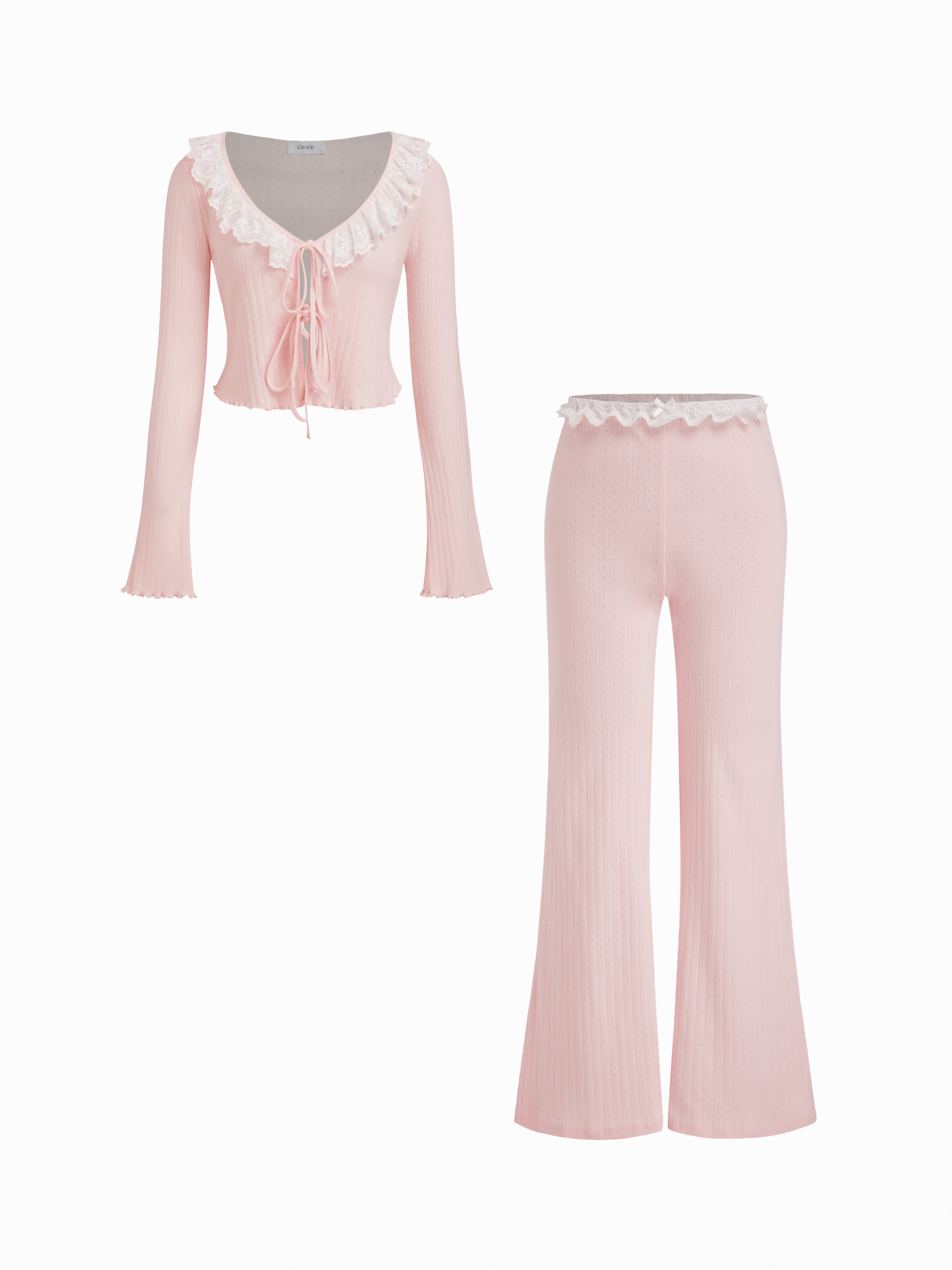 Knit Fabric 100% Cotton V-neck Pointelle Tie Front Top & High Rise Lace Trim Bowknot Flare Trouse... | Cider