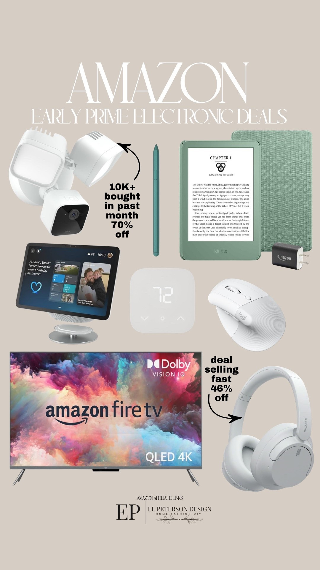 Amazon 
Early Prime Deals
Kindle 
Tv
Headset
Smart thermostat 
Camera 
Mouse