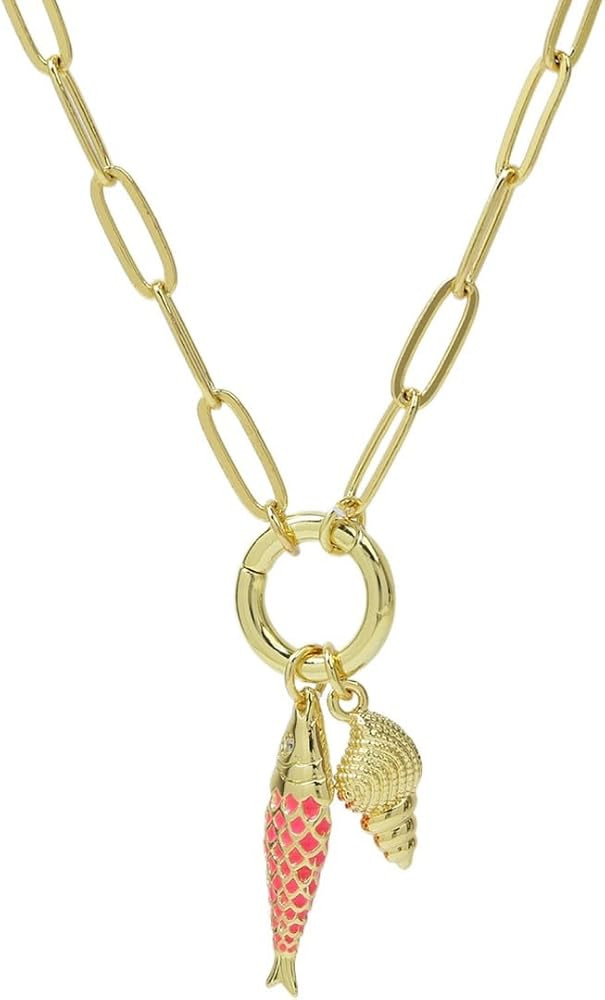 Sea Shell Charm Necklace 14K Gold Conch Pearl Fish Seashell Starfish Pendant Beach Necklaces Jewe... | Amazon (US)