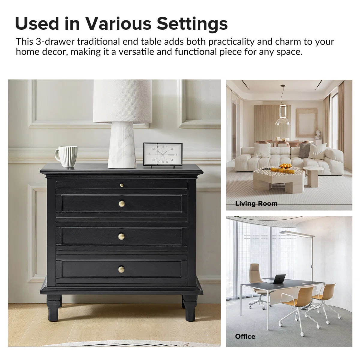 Arthelia Traditional 28.37''W 3-Drawer End Table with Charging Station and Pull-out Shelf | Wayfair North America