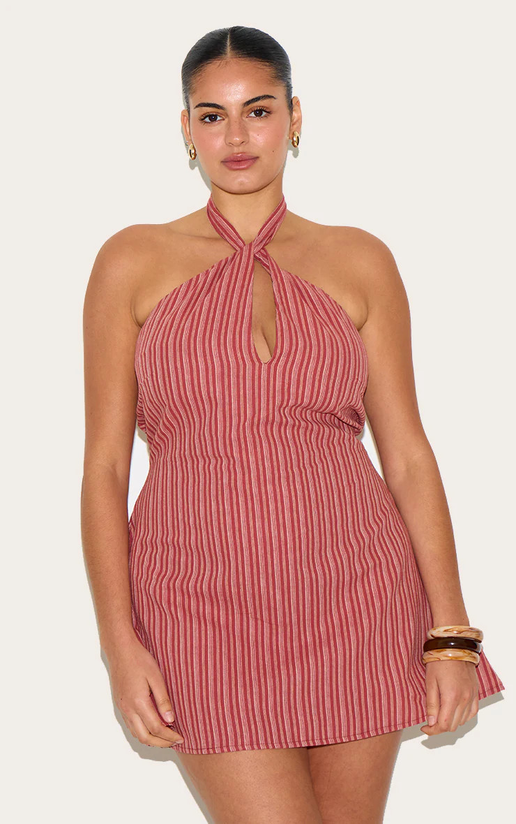 Plus Rust Striped Halterneck Shift Dress | Plus Size | PrettyLittleThing UK