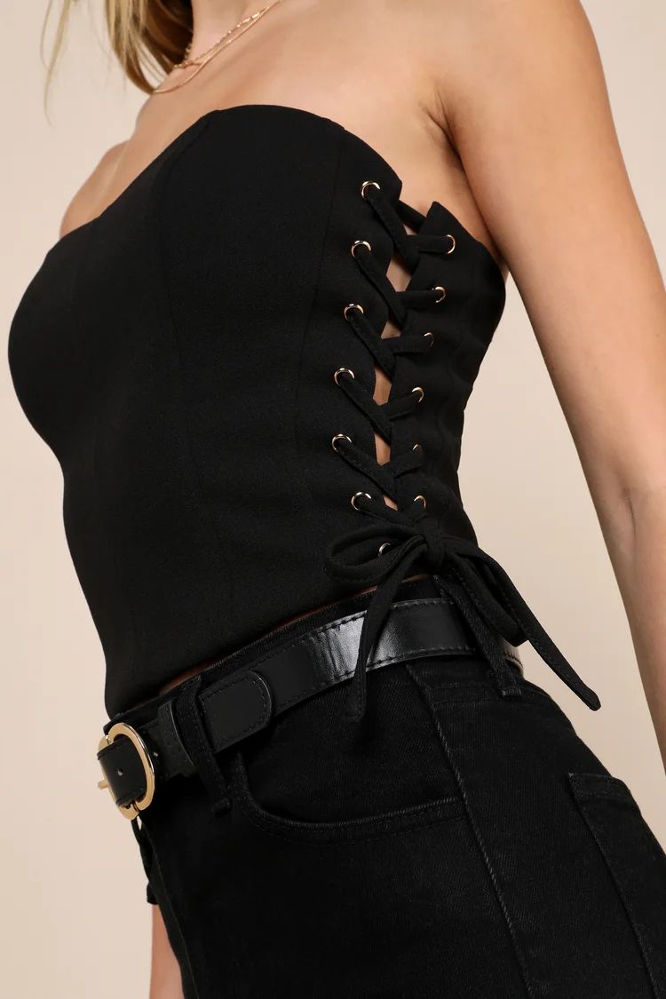 Adoring Allure Black Strapless Lace-Up Bustier Crop Top | Lulus