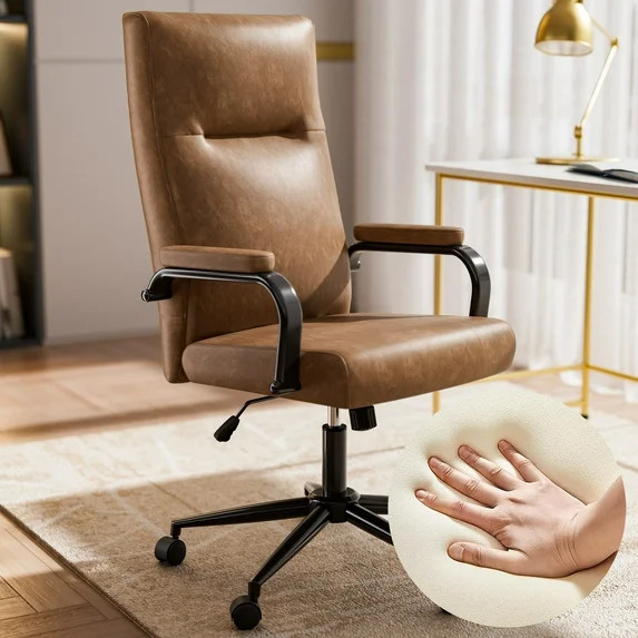 Ninecer Brown Leather Office Chair with Wheels, Memory Foam Height Adjustable Computer Deak Chair... | Walmart (US)