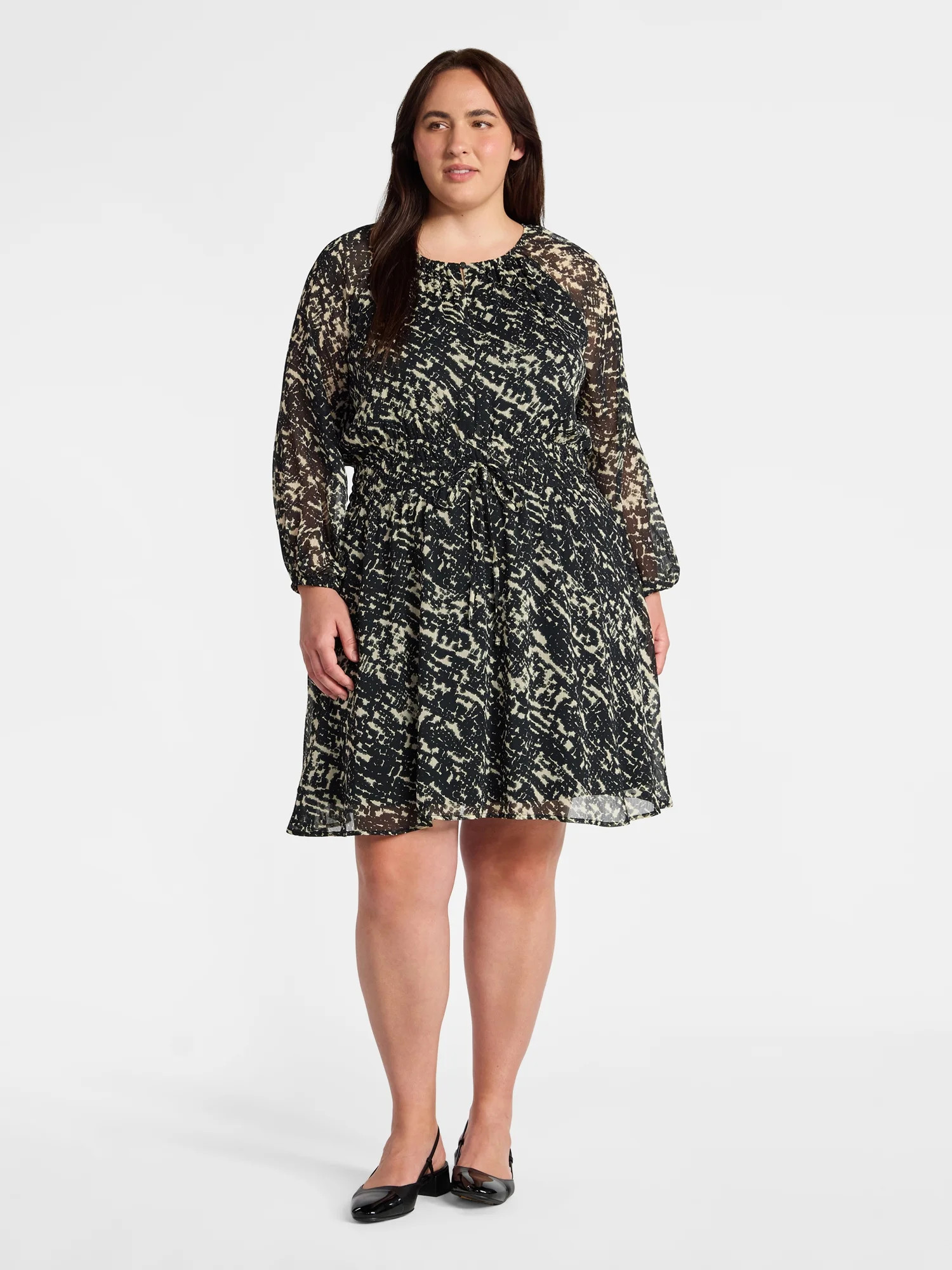 Terra & Sky Women's Plus Chiffon Cinched Mini Dress with Blouson Sleeves, Sizes 0X-5X | Walmart (US)