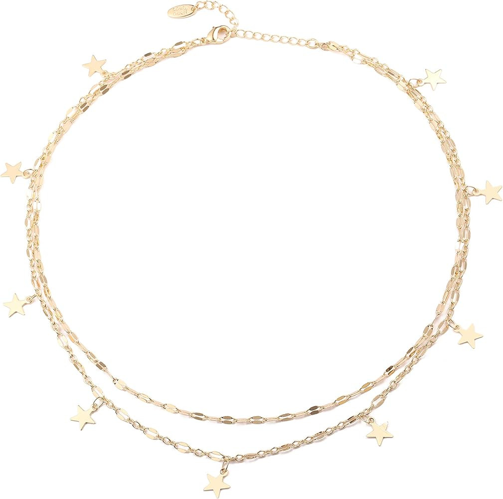 Gold Choker Necklaces 14K Gold Plated/Silver Disc Choker Necklaces Dangling Star Heart Pendant Ne... | Amazon (US)