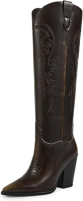 ISNOM Women's Cowgirl Boots Pull On Knee High Boots, Cowboy Western Embroidered Chunky Block Heel... | Amazon (US)