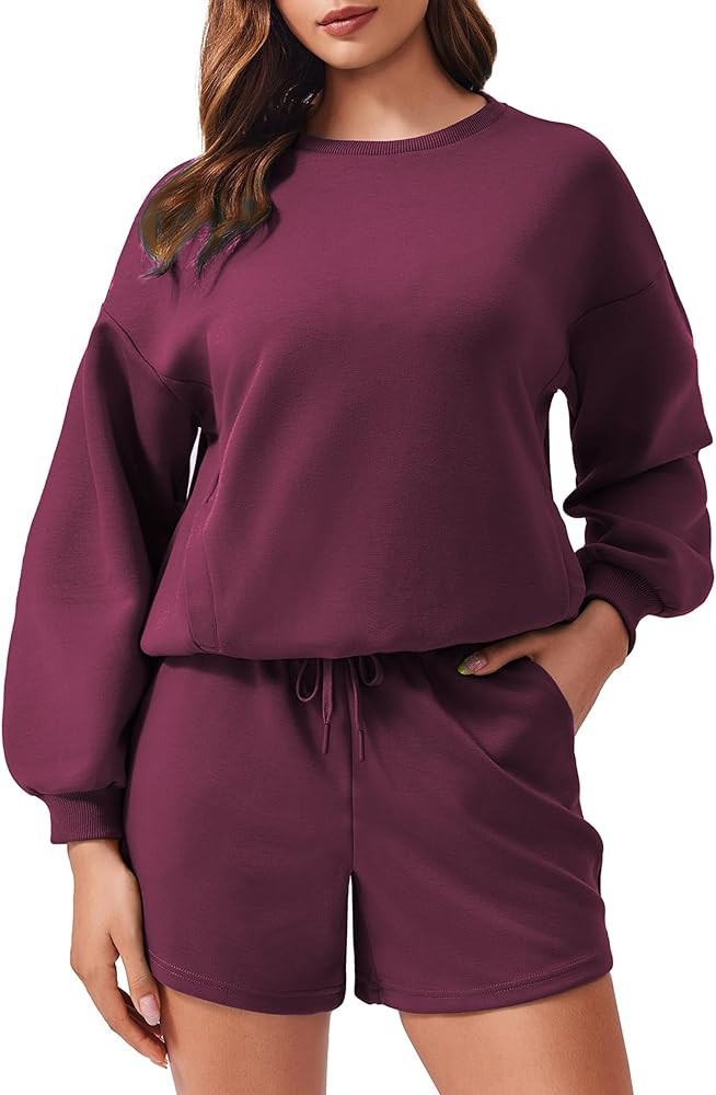 PINSPARK Two Piece Sets for Women 2024 Fall Outfits Sweatsuit 4 Pockets Sweat Short Sets Casual M... | Amazon (US)