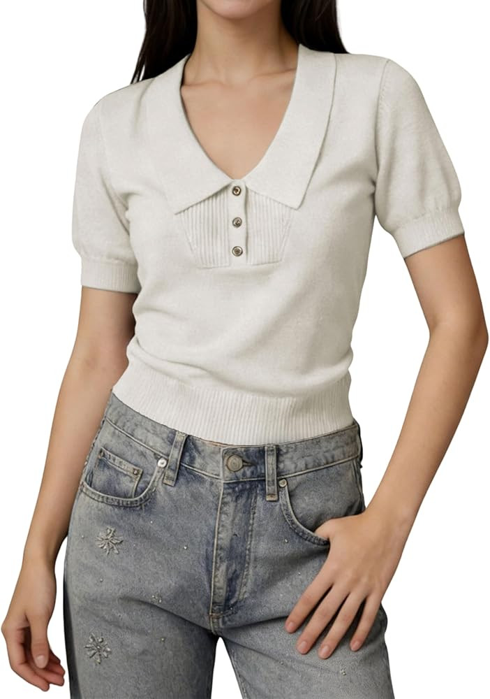 PUWEI Womens Short Sleeve Sweater Casual Collared Polo Shirt Lightweight Crew Neck Knit Tops Crop... | Amazon (US)
