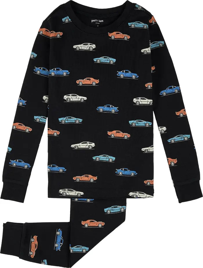 Petit Lem Kids' Car Print Fitted Two-Piece Organic Cotton Rib Pajamas | Nordstrom | Nordstrom