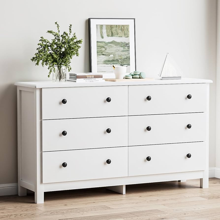 White Dresser, Modern 6 Drawer Double Dresser for Bedroom with Black Knobs, Adults & Kids Wide Dr... | Amazon (US)