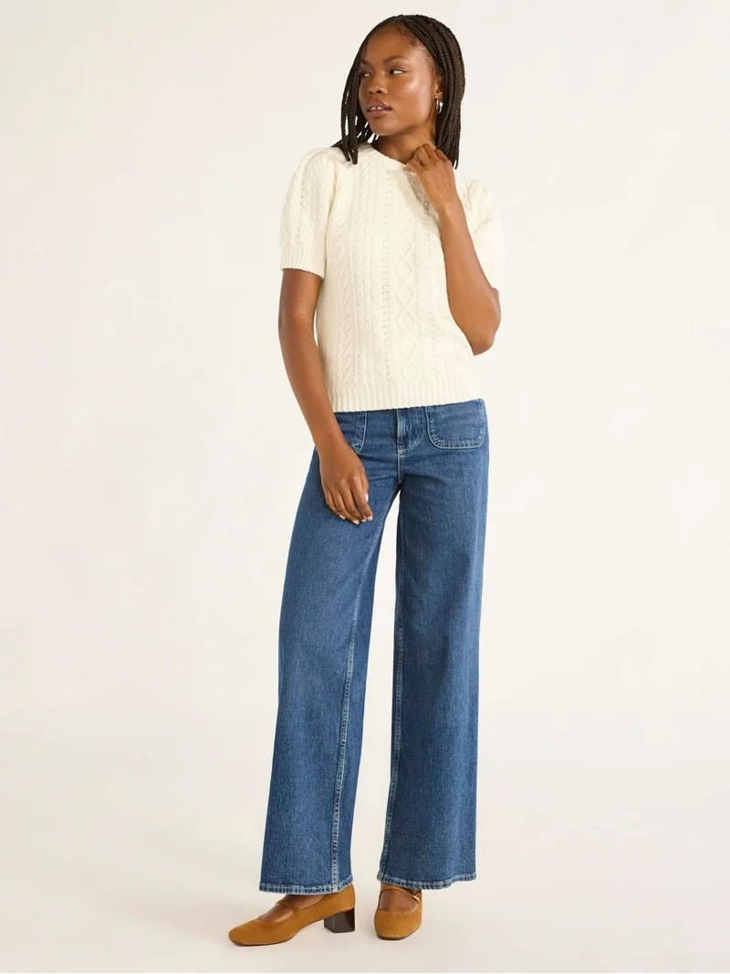 Free Assembly Women's Cable Knit Sweater with Short Puff Sleeves, Sizes XS-XXL | Walmart (US)