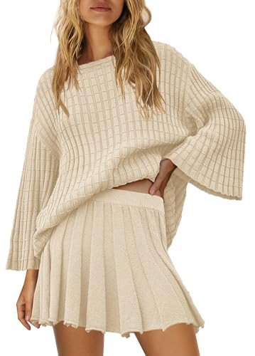 SENSERISE Womens Sweater Sets 2 Piece Outfits Long Sleeve Knit Pullover Mini Skirts Matching Clothing(Apricot Beige,M) | Amazon (US)