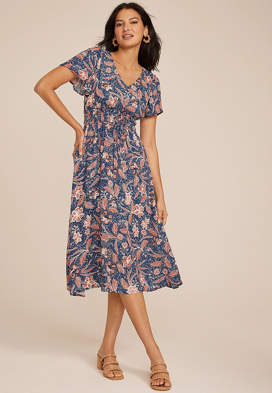 Floral V Neck Hanky Hem Midi Dress | Maurices