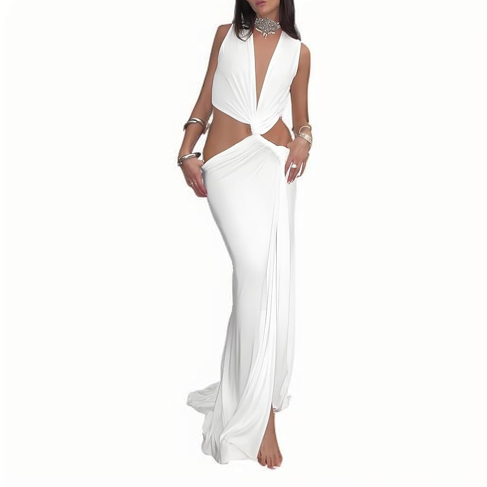 Women's Dress Hollow Out Long Dres Cutout Twist Sexy Slit Hem Deep V-Neck Tight Irregular Outfits | Amazon (US)