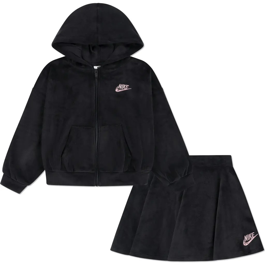 Nike Kids' Velour Scooter Hoodie & Skirt with Shorts Set in Black at Nordstrom Rack, Size 2T | Nordstrom Rack
