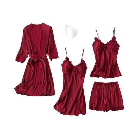 CENDER Women Silky 4Pcs Lace Pajamas Sexy Chest Pads Cami Top Shorts Nightgown Robe Set | Walmart (US)