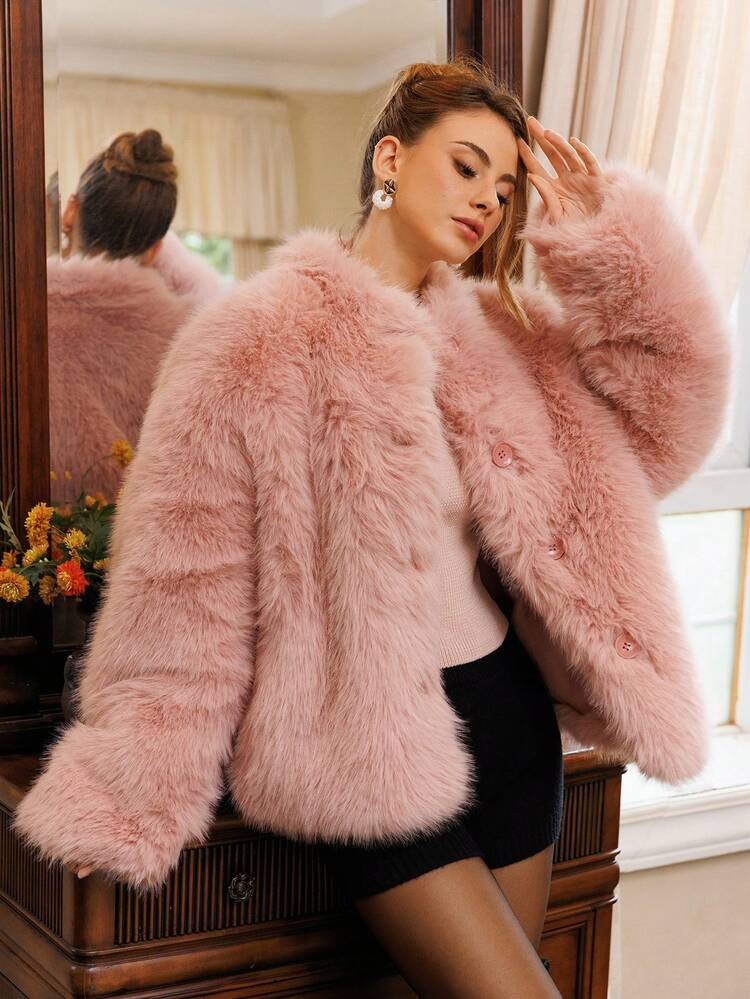 Glamine Charm Women's Fashionable Elegant Solid Color Button Faux Fur Jacket Cozy Fall And Winter Clothes For Women | SHEIN