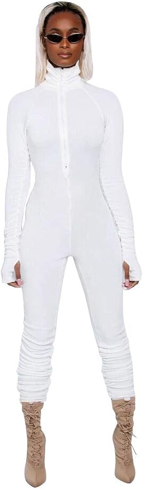 XLLAIS Women High Neck Zipper Ruched Bodycon Jumpsuit Tracksuit with Thumb Hole | Amazon (US)