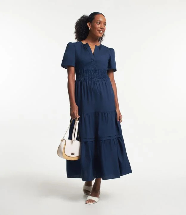 Vestido Longo Evasê Manga Bufante em Tricoline com Elástico na CIntura Azul Marinho | Renner (BR)