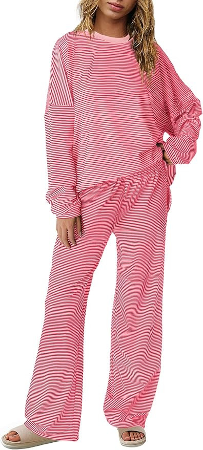 Panadila Womens 2 Piece Lounge Sets Striped Long Sleeve Pajama Set Oversized Tshirts Wide Leg Pan... | Amazon (US)