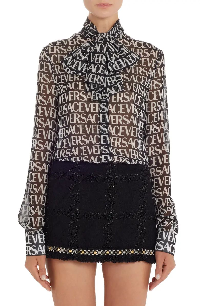 Logo Print Semisheer Tie Neck Silk Blouse | Nordstrom