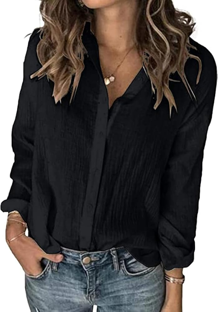 Karlywindow Womens Long Sleeve Button Down Cotton Linen Shirt Blouse Loose Fit Casual V-Neck Tops | Amazon (US)