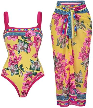 Women's Swimsuit Orchid Print One Piece Vintage Retro Swimsuit with Skirt/Sarong | Amazon (US)