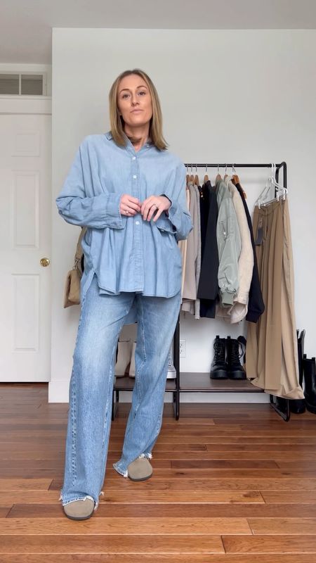 Spring outfit. Jeans. Spring outfit idea. Denim on denim. Denim shirt. Wide leg jeans. Baggy jeans. Clogs. Oversized shirt. Oversized outfit. Casual outfit idea. Casual outfit. Mom outfit.

#LTKfindsunder50 #LTKfindsunder100 #LTKSeasonal